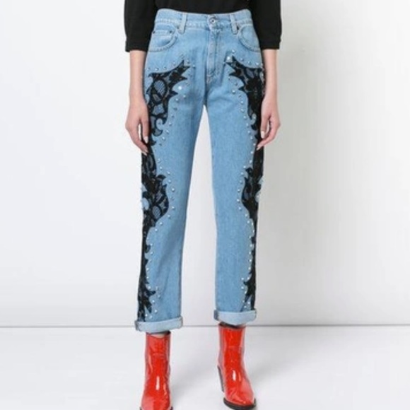 Moschino LACE & CRYSTAL-EMBELLISHED BOYFRIEND JEANS